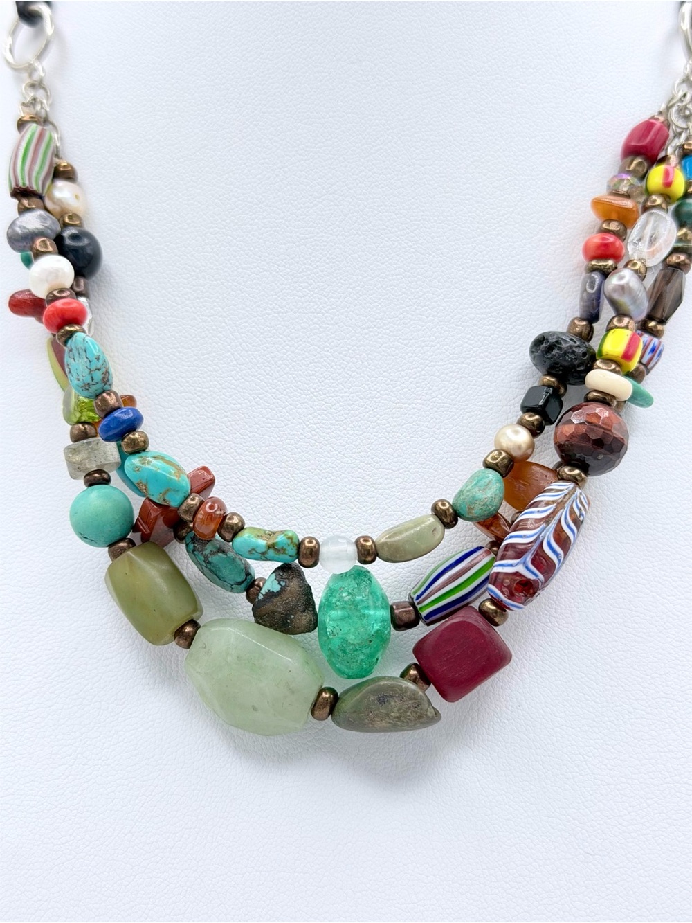 Vintage Peyote Bird Sterling 3-Strand Leather Multi-Stone Blown Glass Necklace - Picture 5 of 16